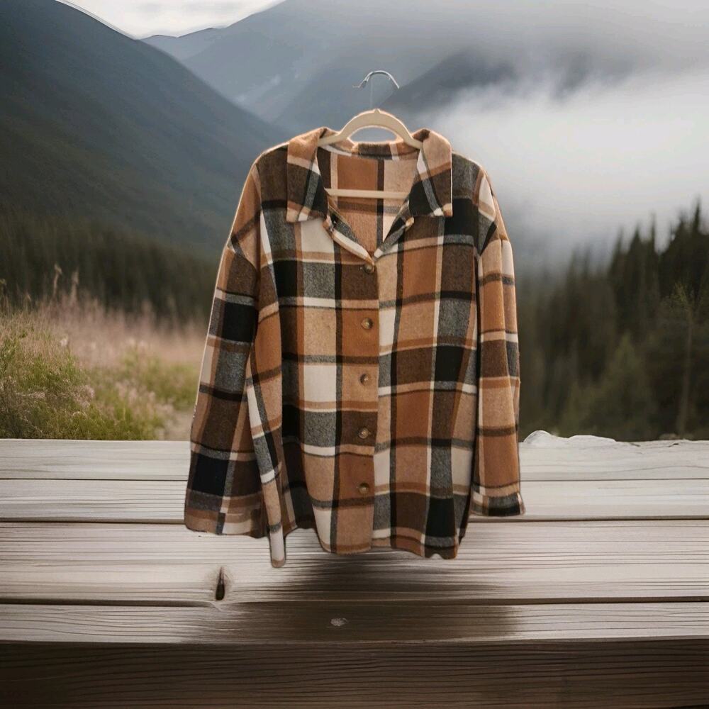 Unbranded Women 3X Brown Plaid Flannel Oversized Button-Up Long Sleeve Shacket - Picture 1 of 7